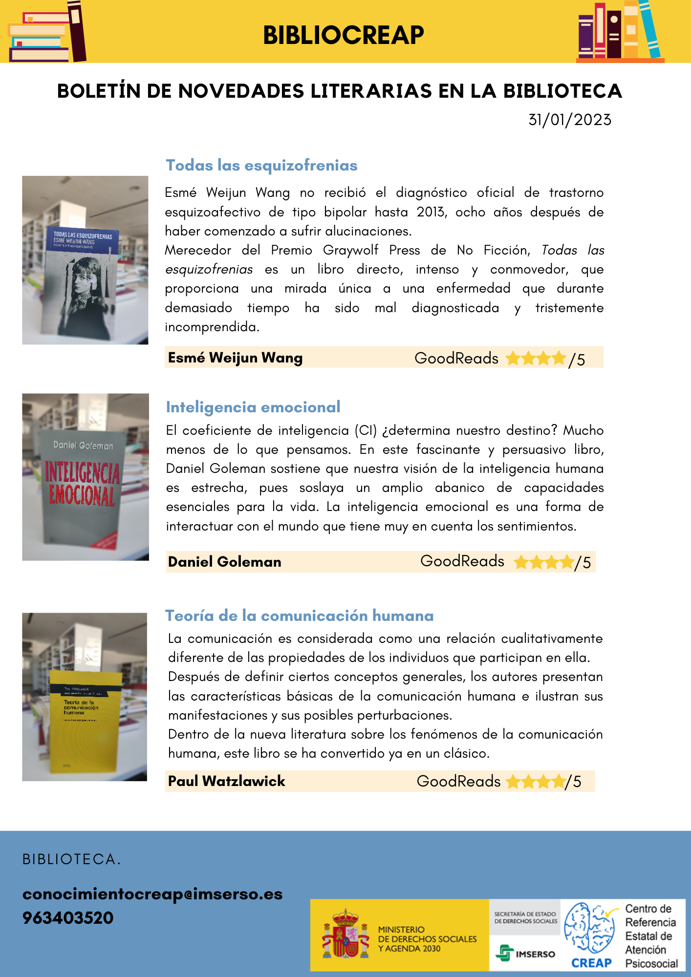 Boletín de novedades en BiblioCreap de enero de 2023