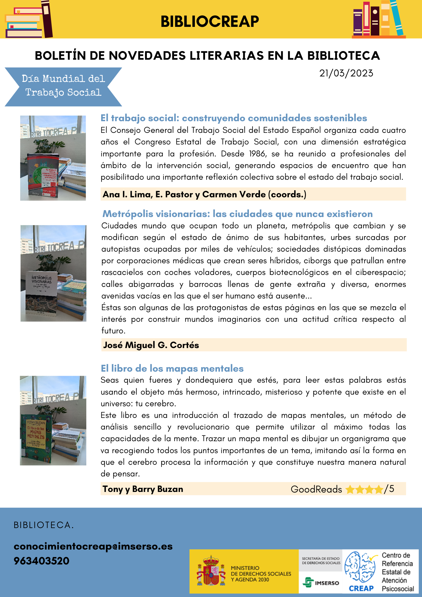 Boletín de novedades en BiblioCreap de marzo de 2023