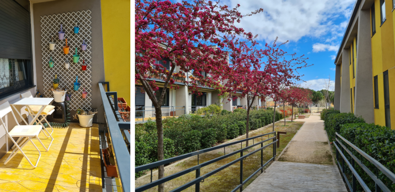 Fotos 9 y 10. Viviendas colaborativas Trabensol. Balcones integrados en las viviendas con vistas a jardines y áreas verdes.