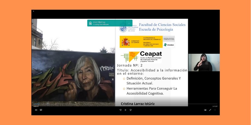 Pantalla de zoom con vista de la pantalla de inicio de la segunda jornada y el intérprete de Lengua de Signos.