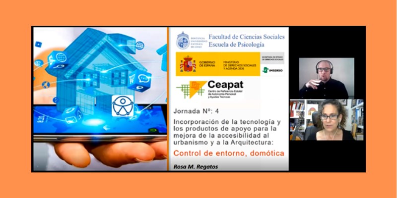 Pantalla de zoom con vista de la pantalla de inicio de la cuarta jornada, en la que aparece la ponente y el intérprete de Lengua de Signos.