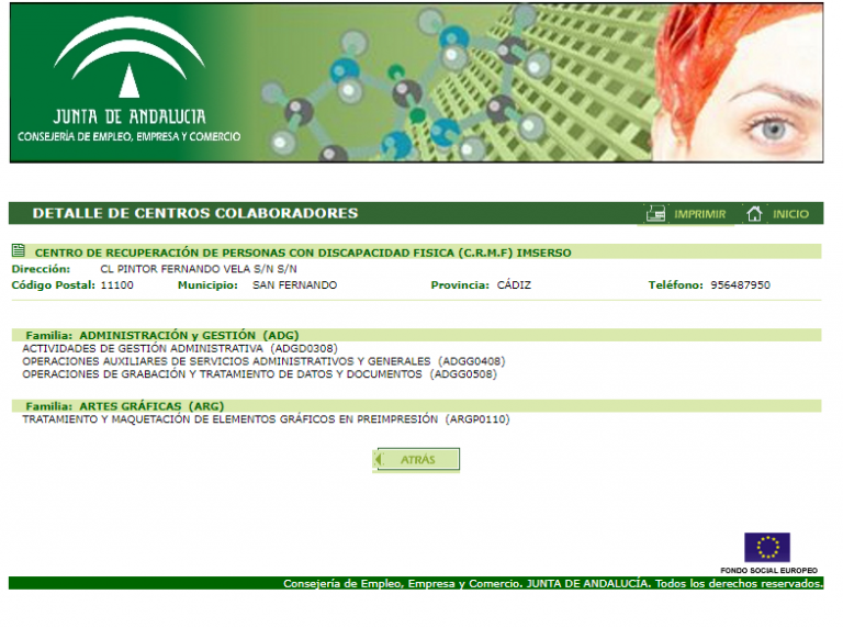 Acreditación de la Junta de Andalucía para impartir en el CRMF-Imserso de San Fernando, dos nuevas especialidades formativas conducentes a la obtención de certificados de profesionalidad