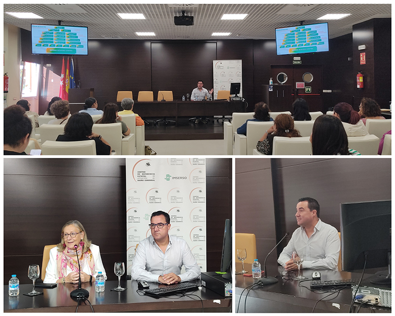 Collage con fotos de la jornada. Arriba Emilio Ramos durante su ponencia y asistentes a la jornada en el salón de actos del Ceadac. Abajo a la izquierda Inmaculada Gómez Pator, directora gerente del Ceadac, inaugurando la jornada junto a Emilio Ramos. Abajo a la derecha Emilio Ramos hablando. Varias fotos de la jornada.